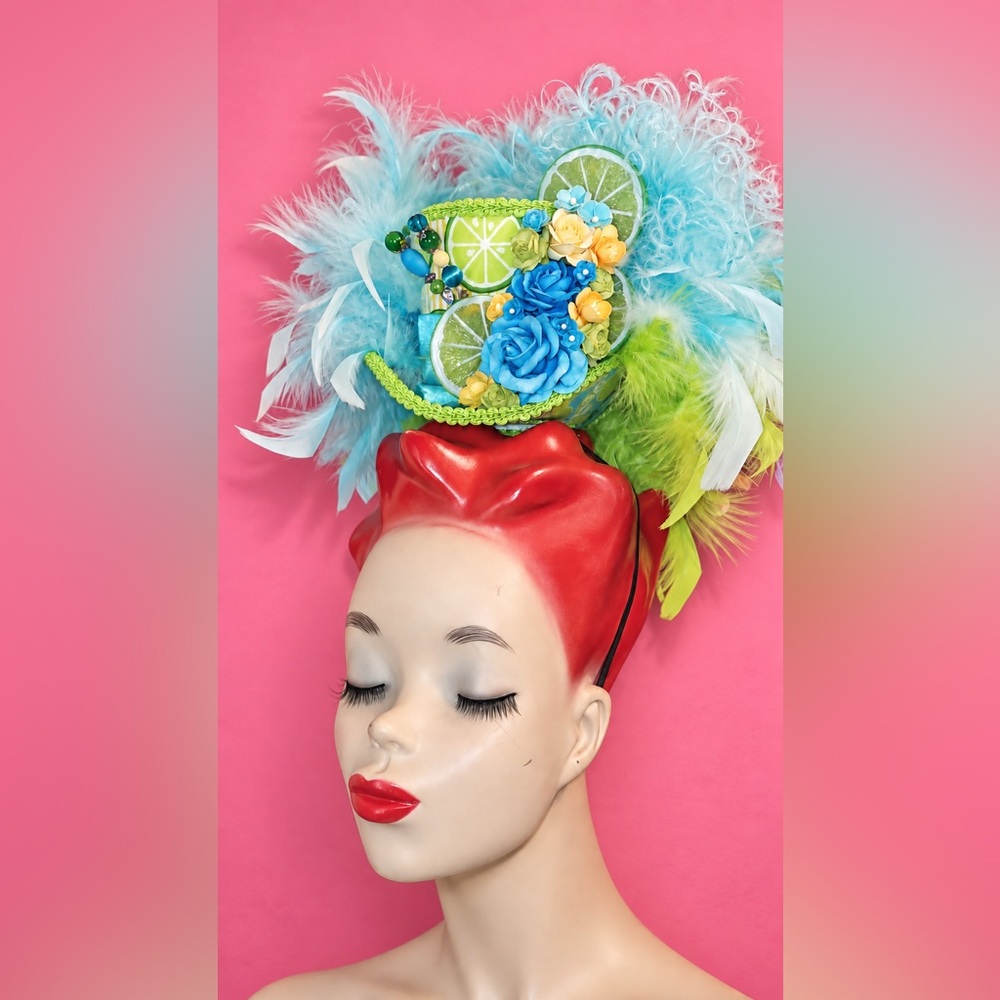Key West Key Lime & Turquoise Feathered Mini Top Hat Fascinator